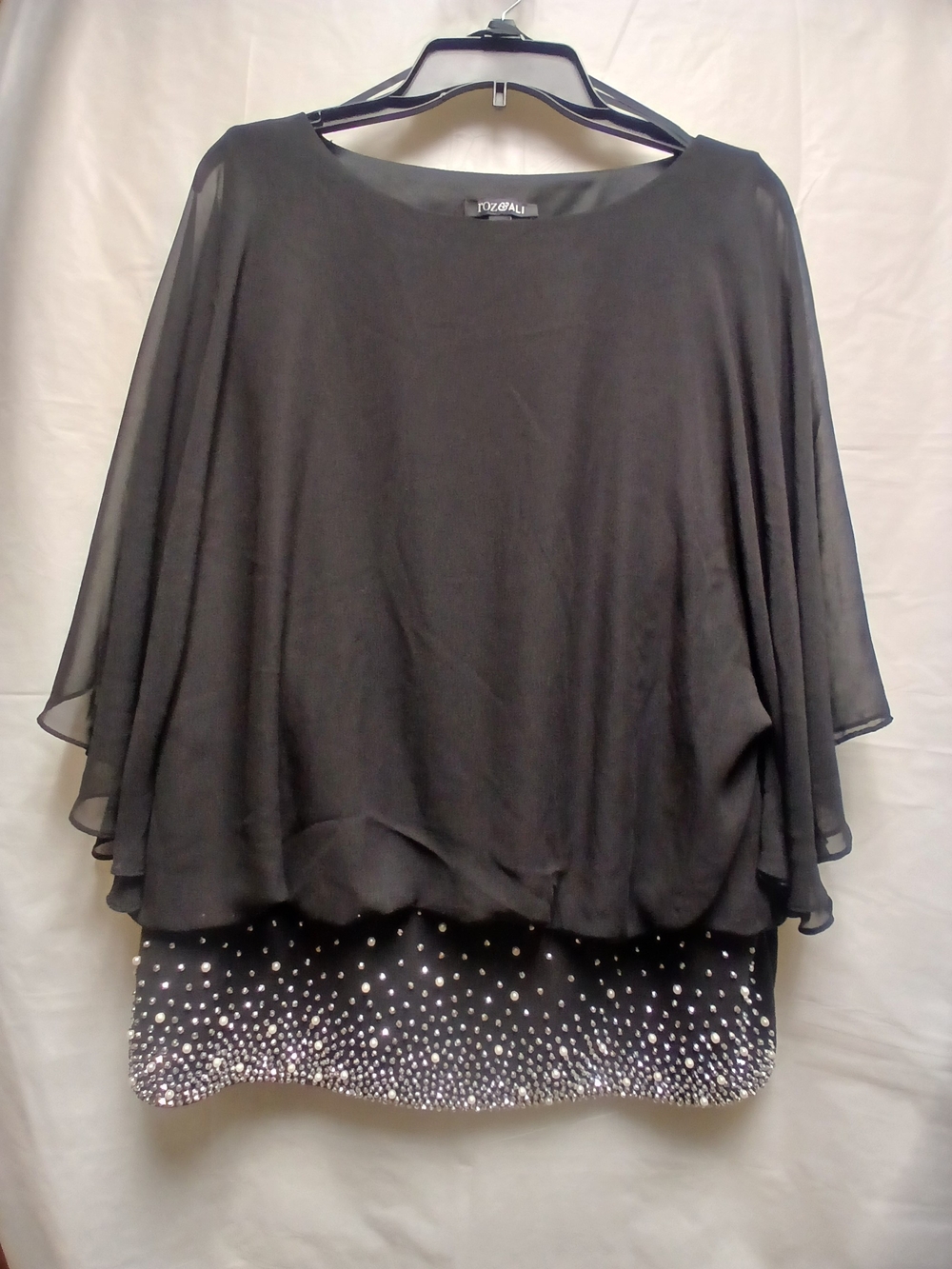 Roz & Ali Black Chiffon Overlay Evening Top with Embellished Hem